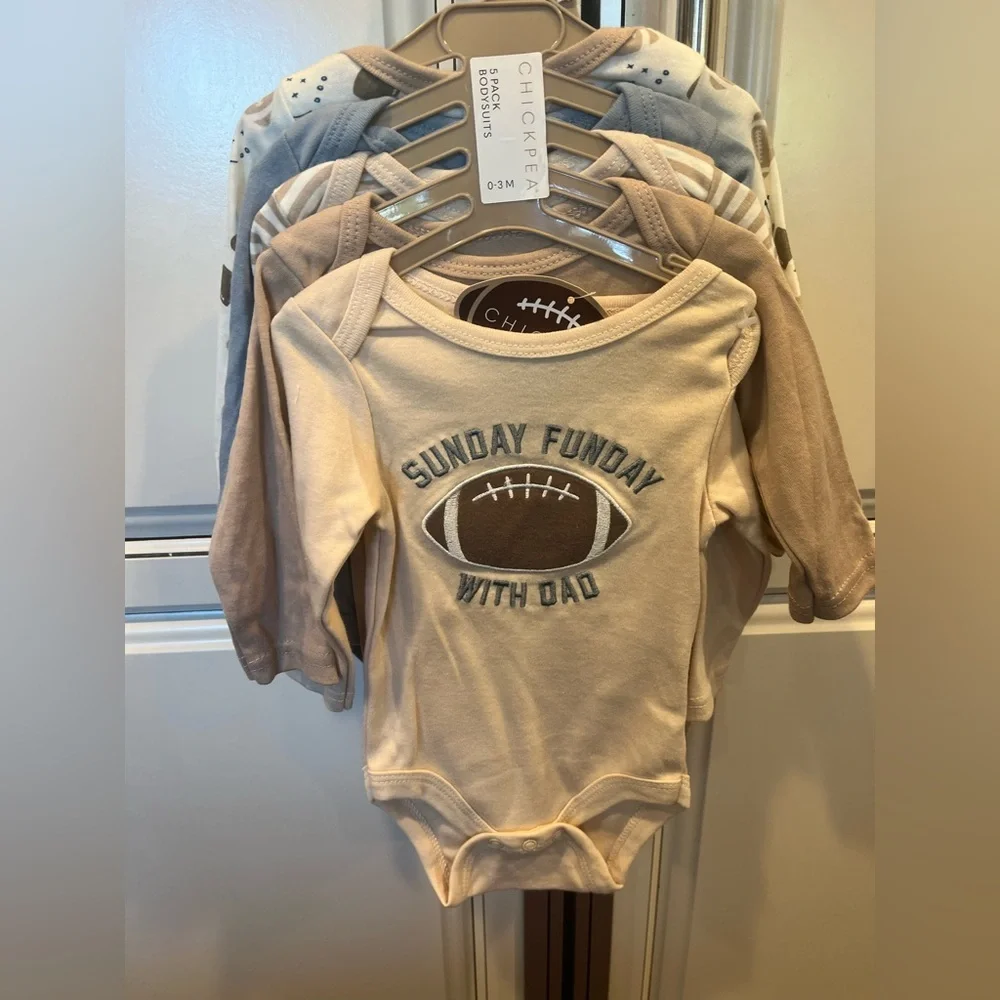 chick pea Cream and Tan Football 5 Piece Bodysuit Set Sunday Funday with Dad - Picture 1 of 5